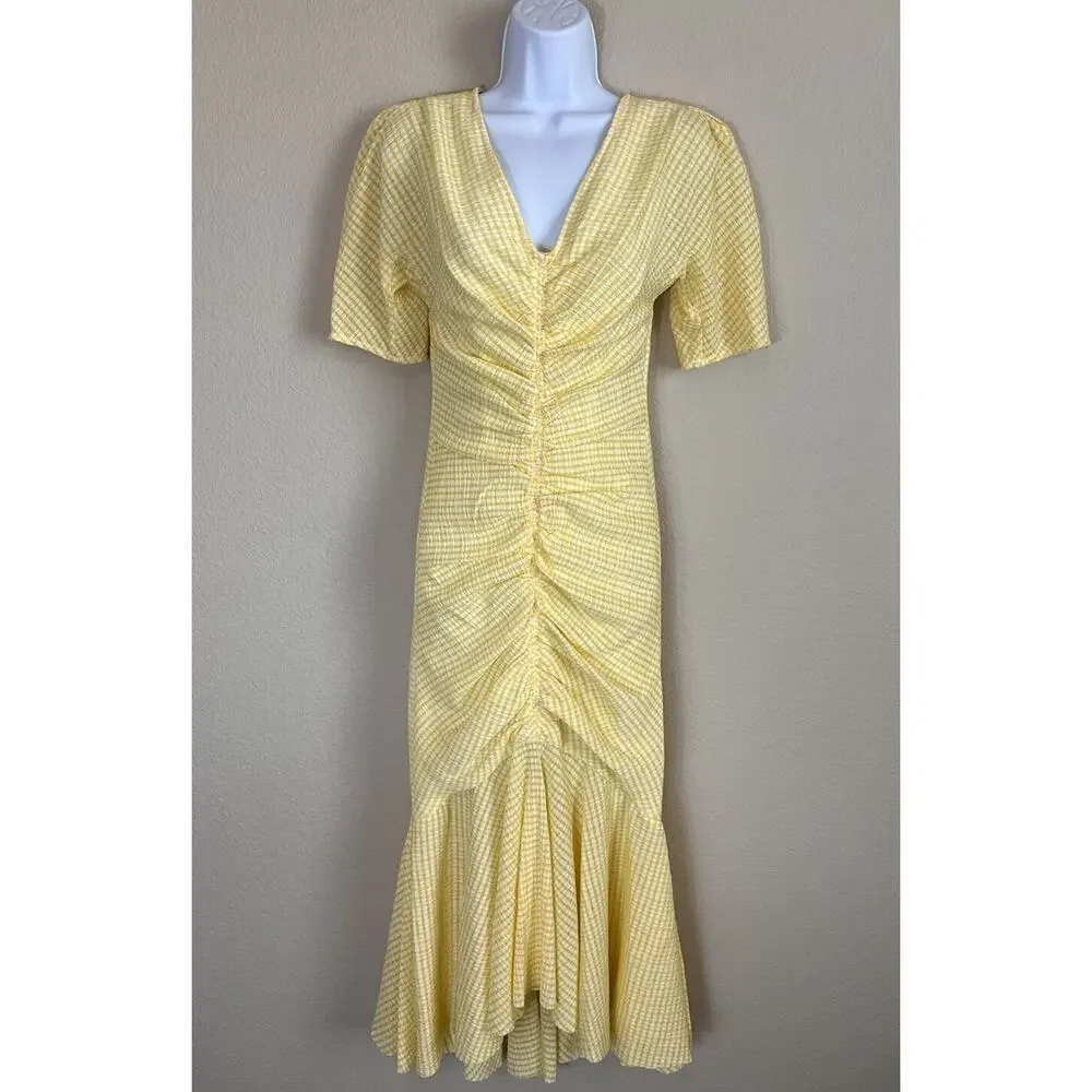 Staud Panier Yellow Gingham Mermaid Midi Dress Womens Size 6 Stretch - Picture 2 of 10